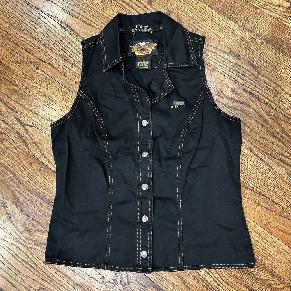 Vintage Harley Davidson Sleeveless Blouse Denim Black Snap Buttons 100% Cotton S